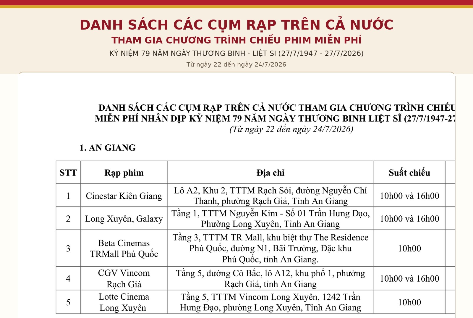 Danh sách các cụm rạp trên cả nước chiếu phim miễn phí nhân dịp Kỷ niệm 79 năm Ngày Thương binh - Liệt sĩ